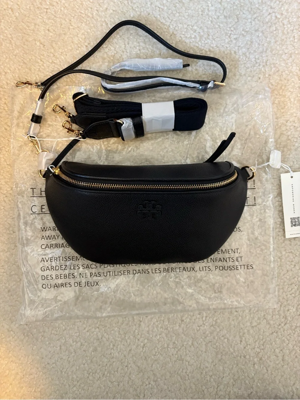 Tory Burch Black Thea Bag Pebbled Leather Crossbody Belt Bag with Gold Hardware